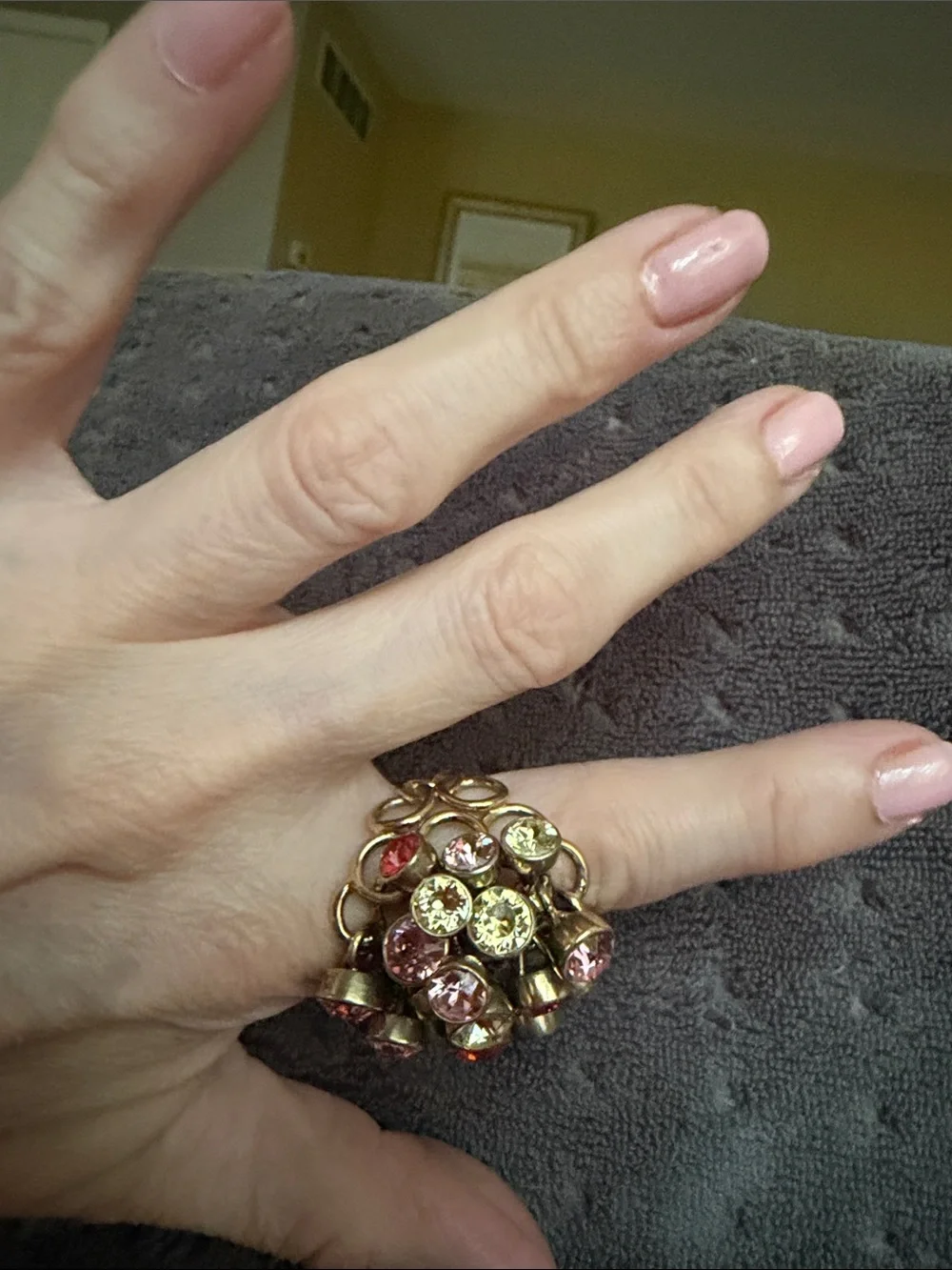 Designer Gold-Tone Cocktail Ring with Pink, Red and Yellow Crystals In Motion